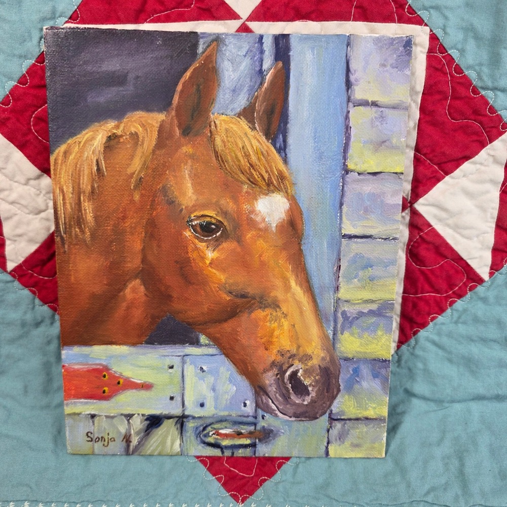 Sonja M. Horse Oil Painting Small Brown Stable Scene Original Art 8x10